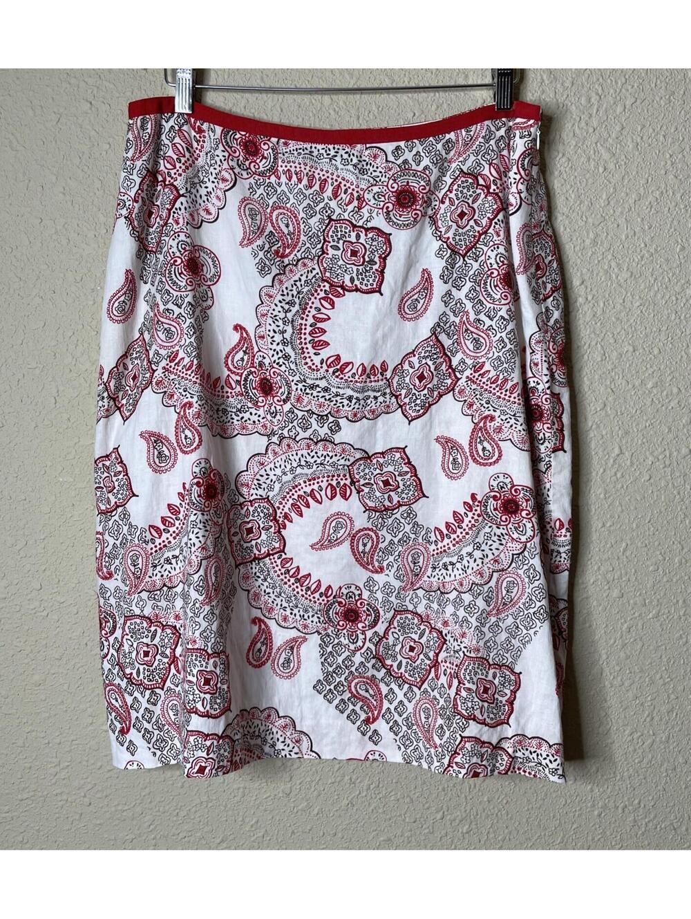 Women’s Linen Paisley Skirt Knee Length Side Zip Lined Sz 14 Boho-Chic Coastal